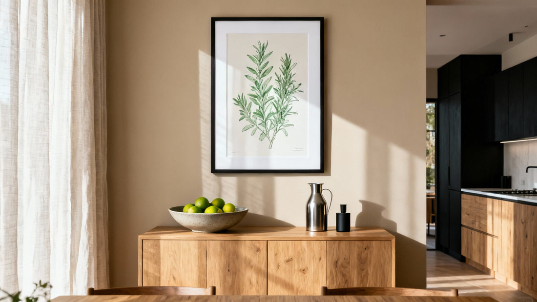 Green botanical print in a black frame above a wooden sideboard in a sunny kitchen diner
