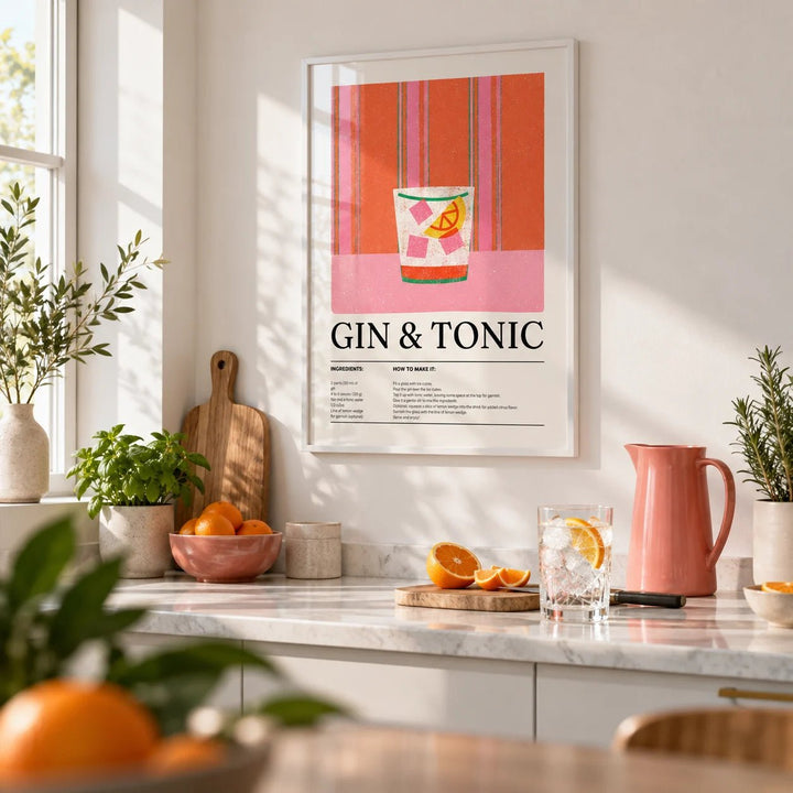 Kitchen Art Print, framed on the wall of a bright modern kitchen