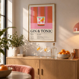 Kitchen Art Print, framed on the wall of a modern home bar corner in a living room