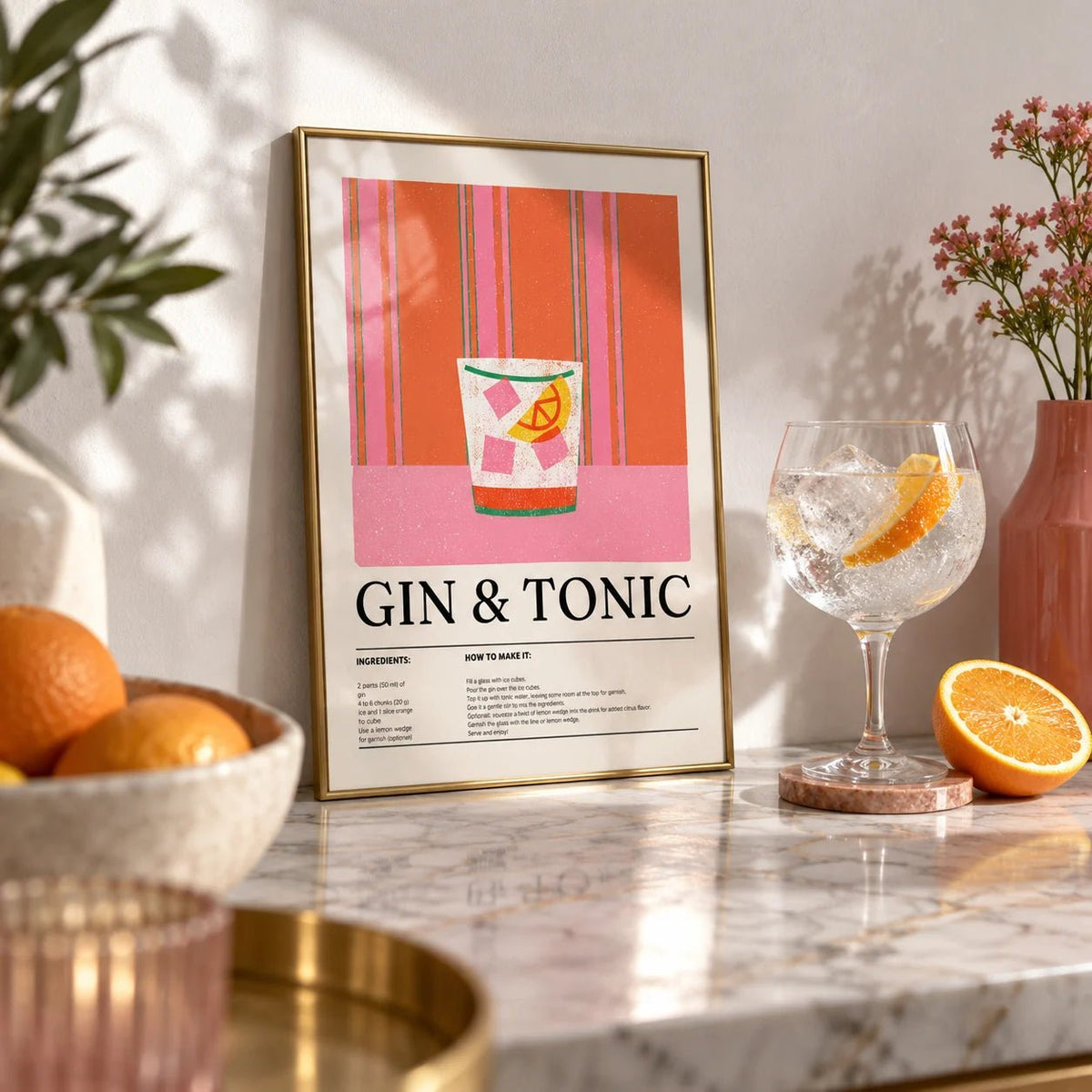 Kitchen Art Print, a small A4 framed print leaning on a shelf in a living room