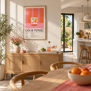 Kitchen Art Print, framed on the wall of a sunny open-plan kitchen-diner