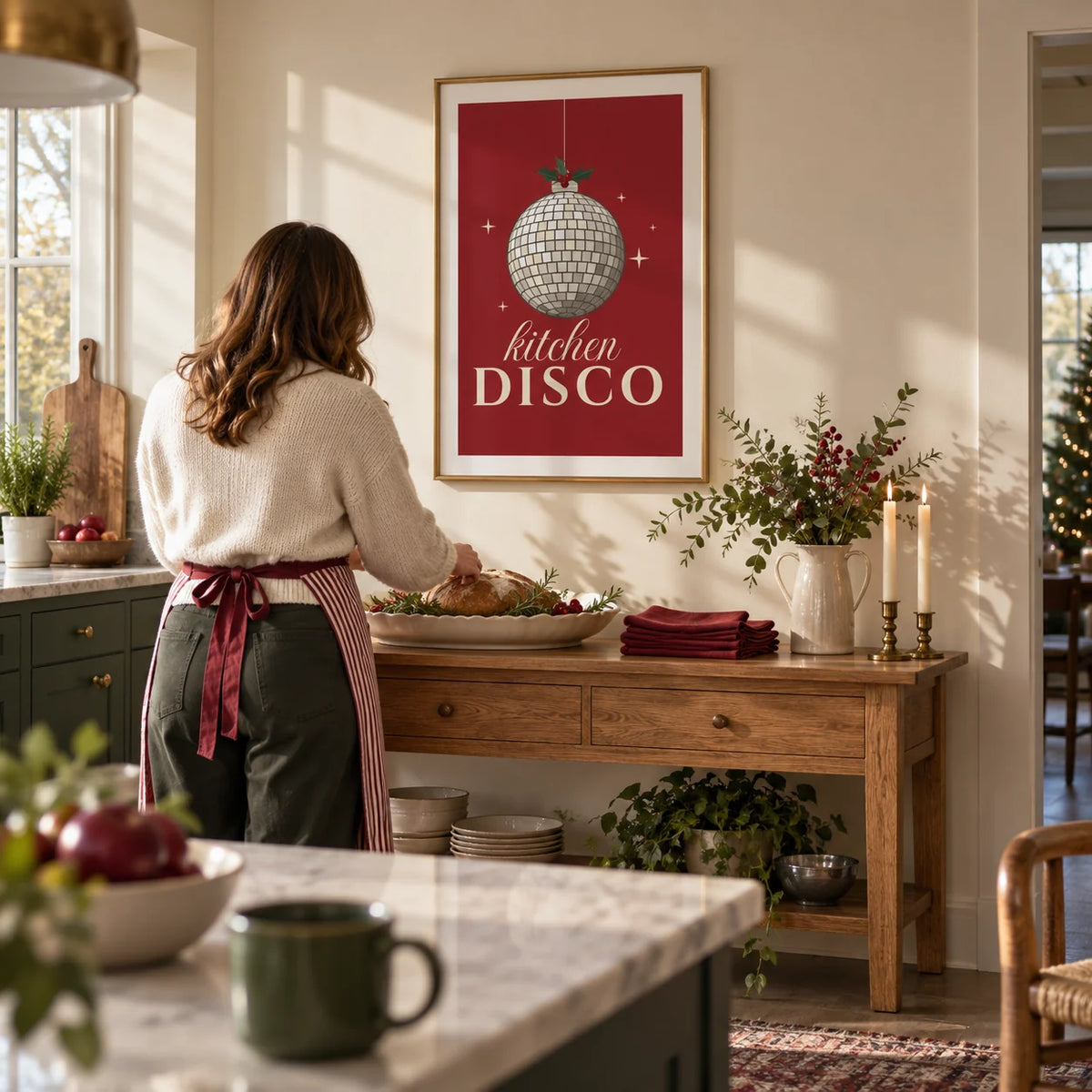 Kitchen Disco Print, framed on the wall of a bright open-plan kitchen with a warm cream wall