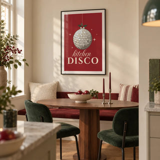 Kitchen Disco Print, framed on the wall of a compact dining nook in a design-led first flat for a couple aged 25-35