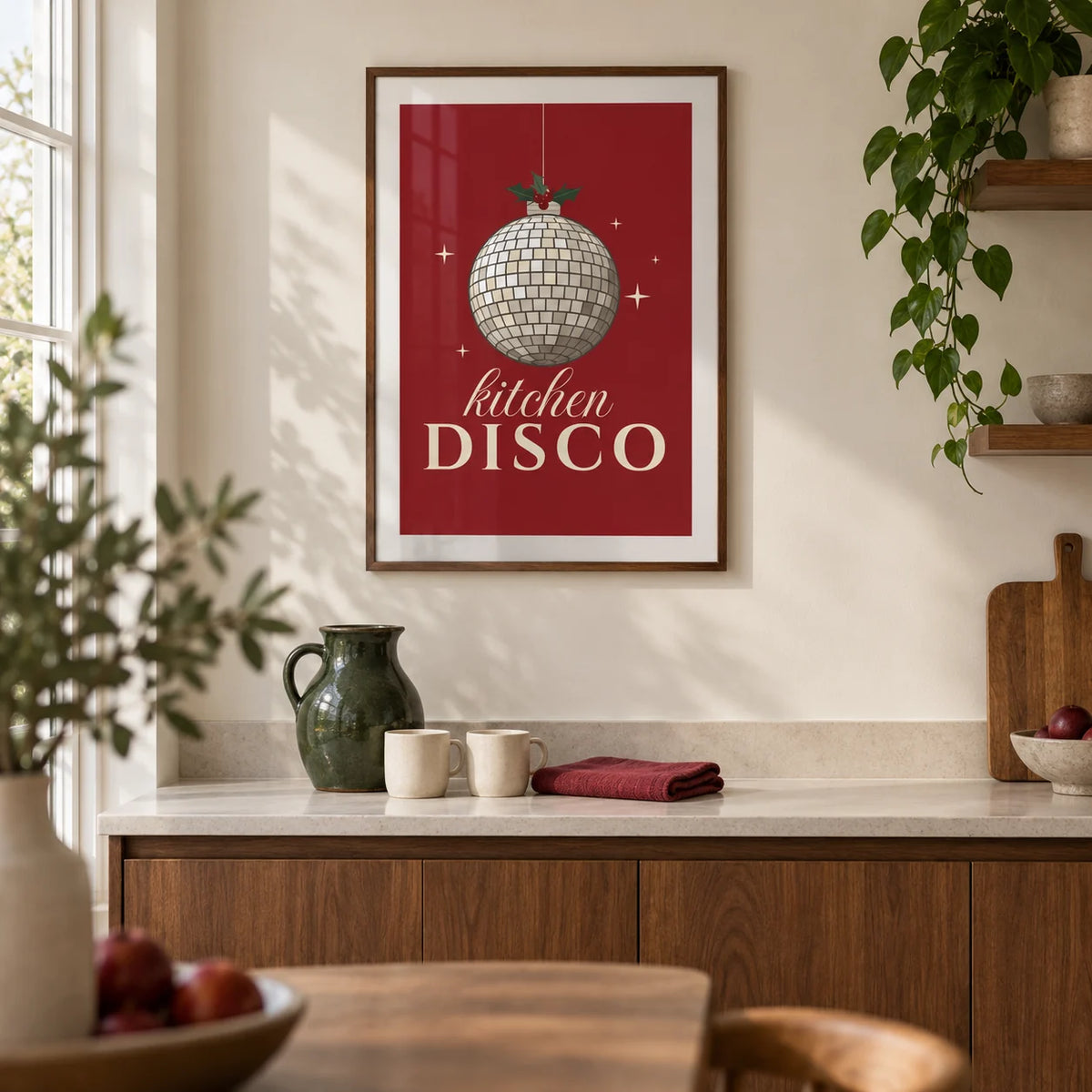 Kitchen Disco Print, framed on the wall of a modern kitchen in a UK terrace with warm white walls