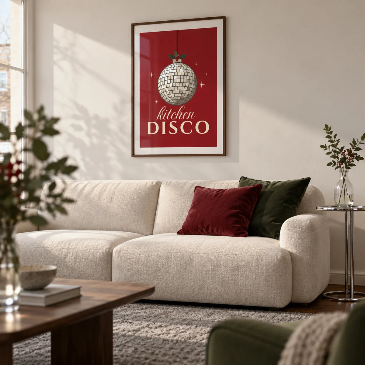 Kitchen Disco Print, framed on the wall of a modern living room in a UK maisonette with off-white walls and a walnut floor