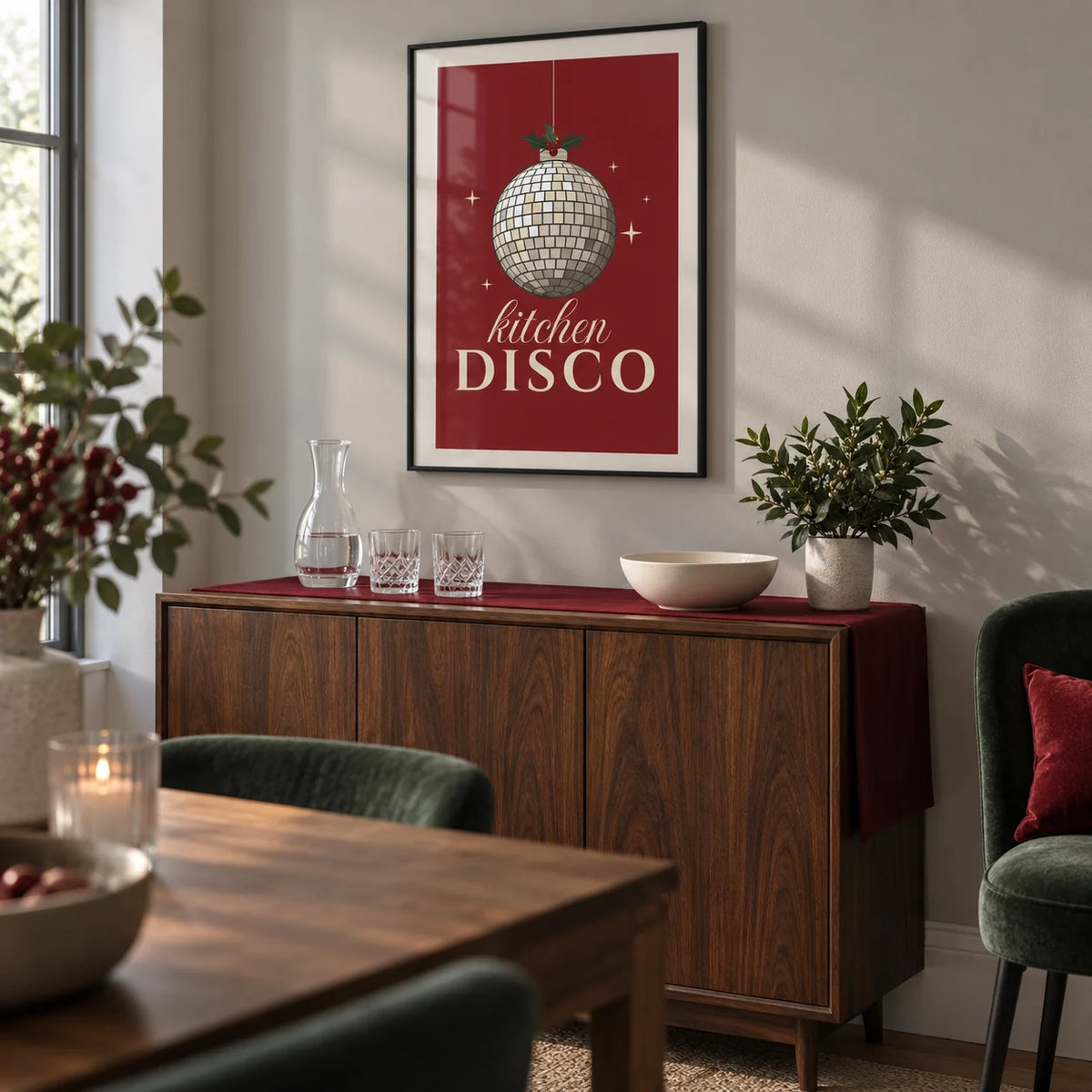 Kitchen Disco Print, framed on the wall of a small home bar corner in a contemporary UK dining room with a pale grey wall