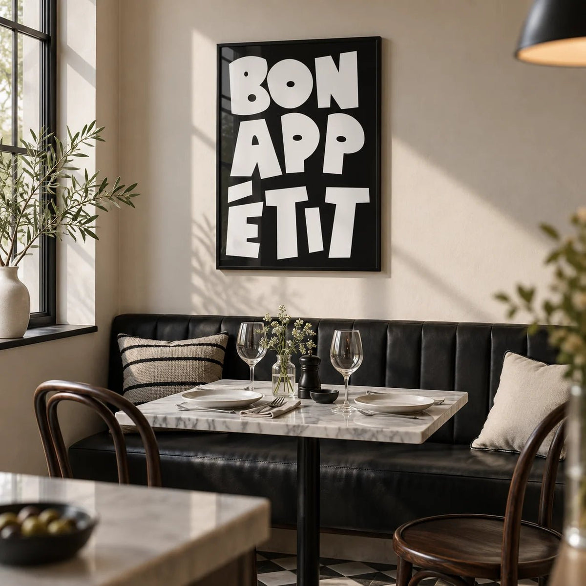 Kitchen Wall Art, framed on the wall of a bistro-style dining nook