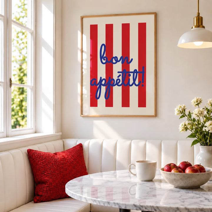 Kitchen Wall Art, framed on the wall of a breakfast banquette in a bright kitchen