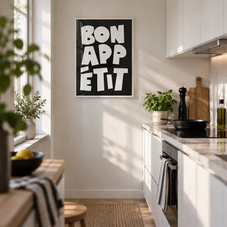 Kitchen Wall Art, framed on the wall of a first-flat galley kitchen with white cabinets