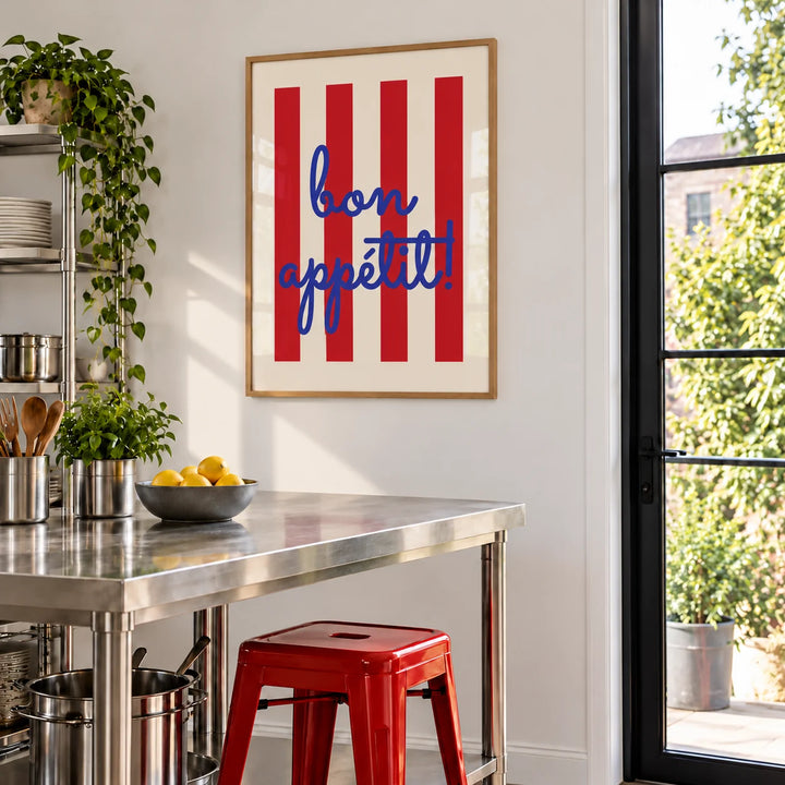Kitchen Wall Art, framed on the wall of a kitchen with a steel worktable