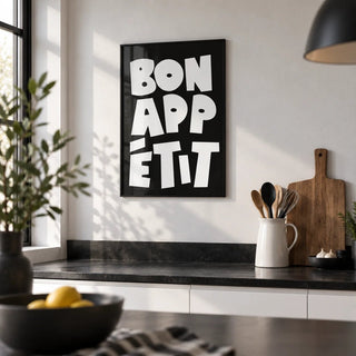 Kitchen Wall Art, framed on the wall of a monochrome modern kitchen