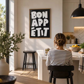 Kitchen Wall Art, framed on the wall of a open kitchen with an island