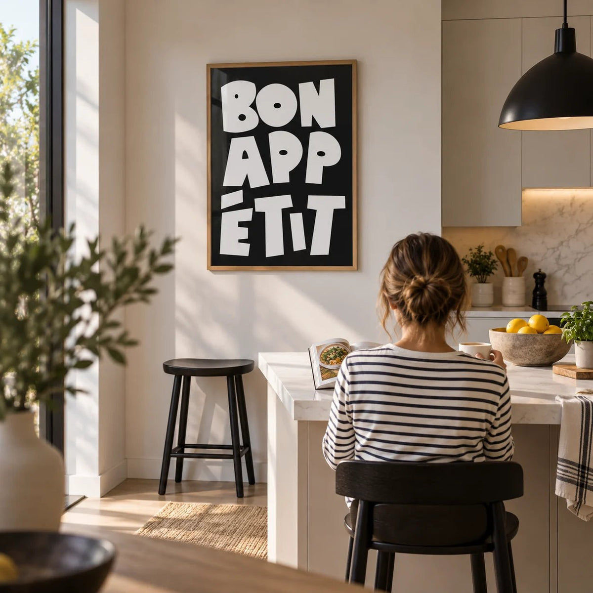 Kitchen Wall Art, framed on the wall of a open kitchen with an island