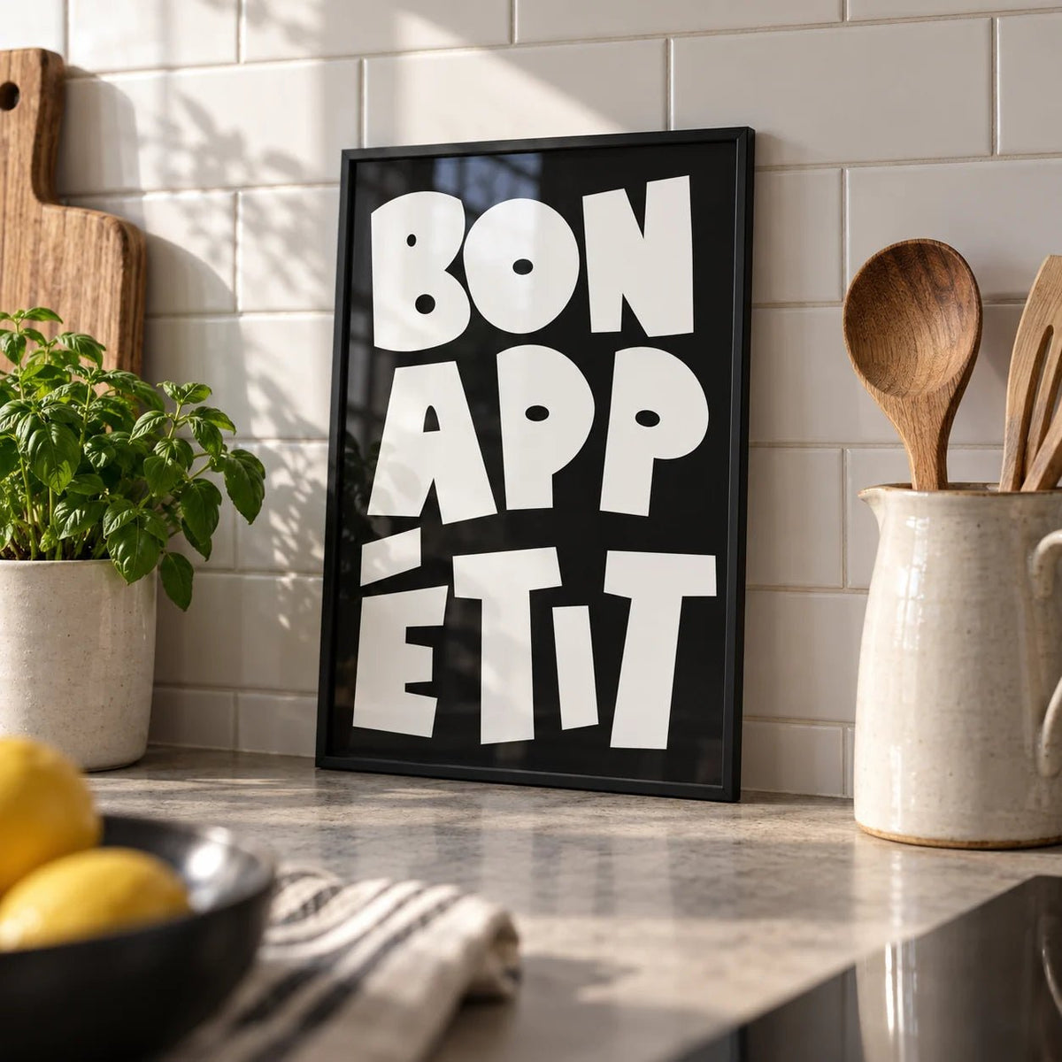 Kitchen Wall Art, a small A4 framed print leaning on a worktop