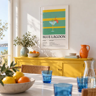 Kitchen Wall Pictures, framed on the wall of a bright coastal dining room with a white wall