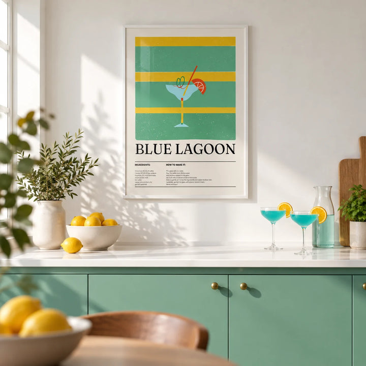 Kitchen Wall Pictures, framed on the wall of a bright kitchen with plain sea green painted cabinets and a white worktop