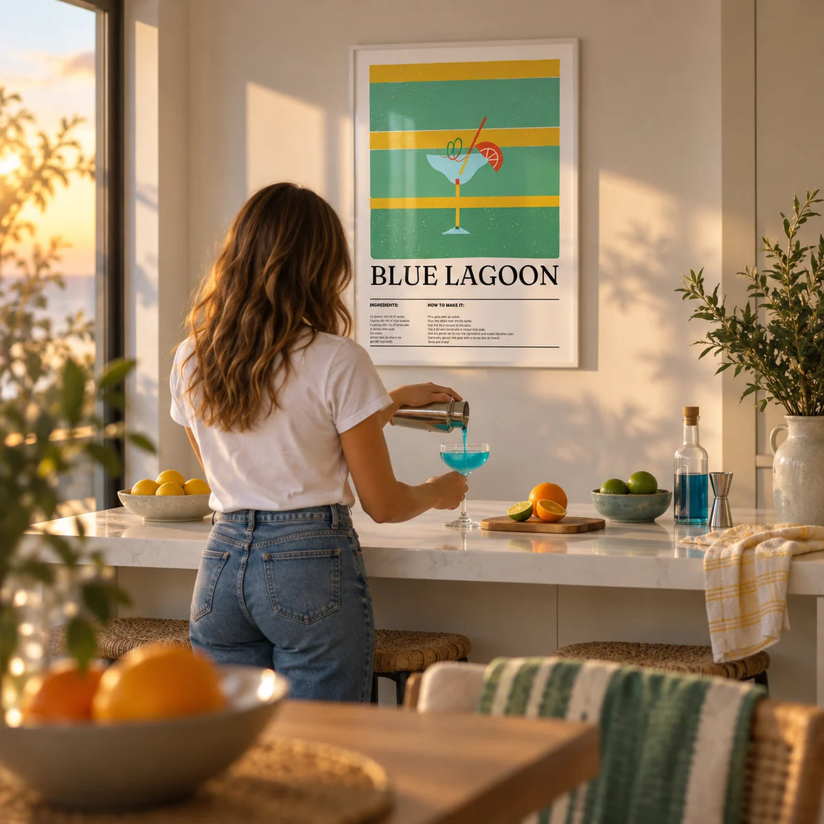 Kitchen Wall Pictures, framed on the wall of a bright kitchen with a white island