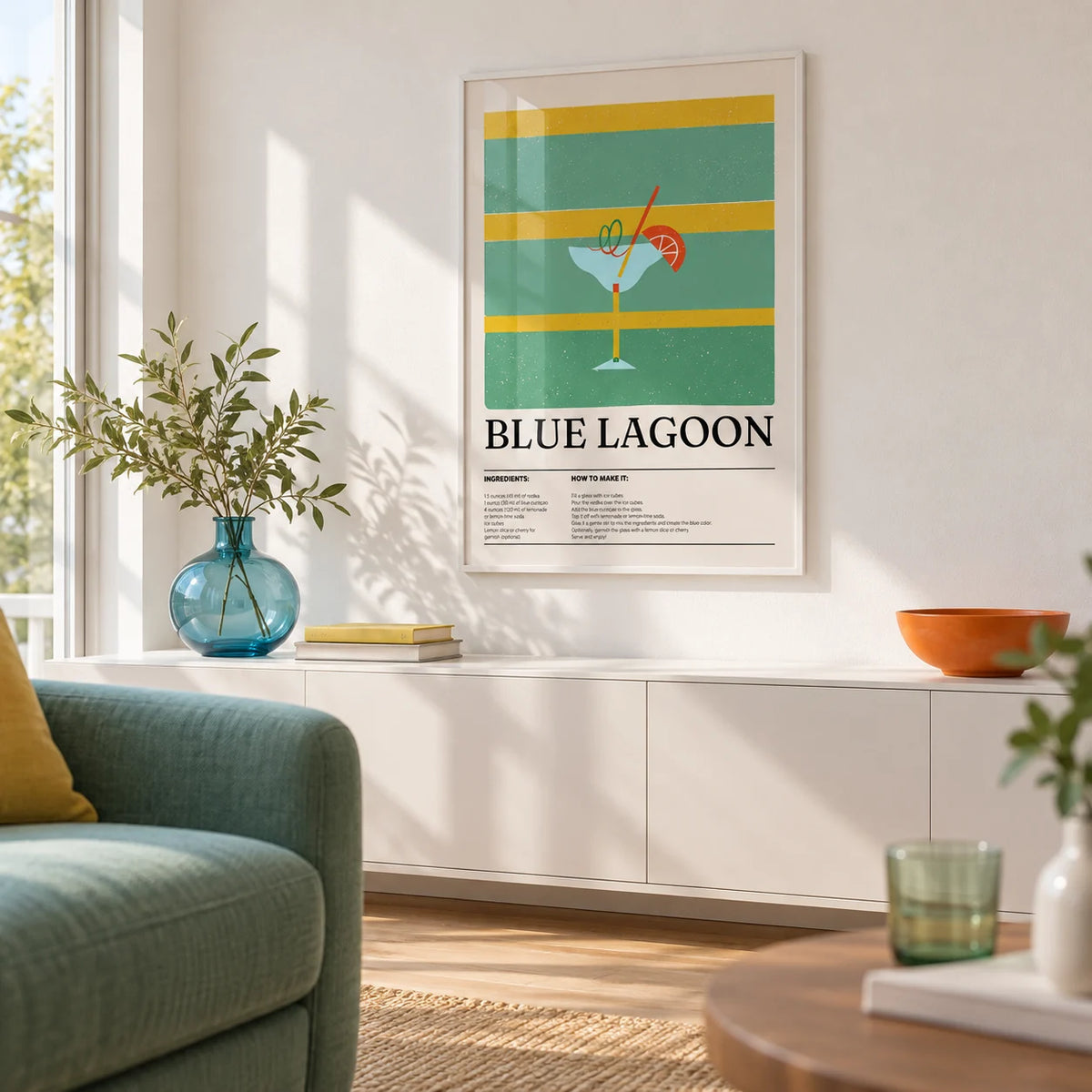 Kitchen Wall Pictures, framed on the wall of a bright living room with a white wall