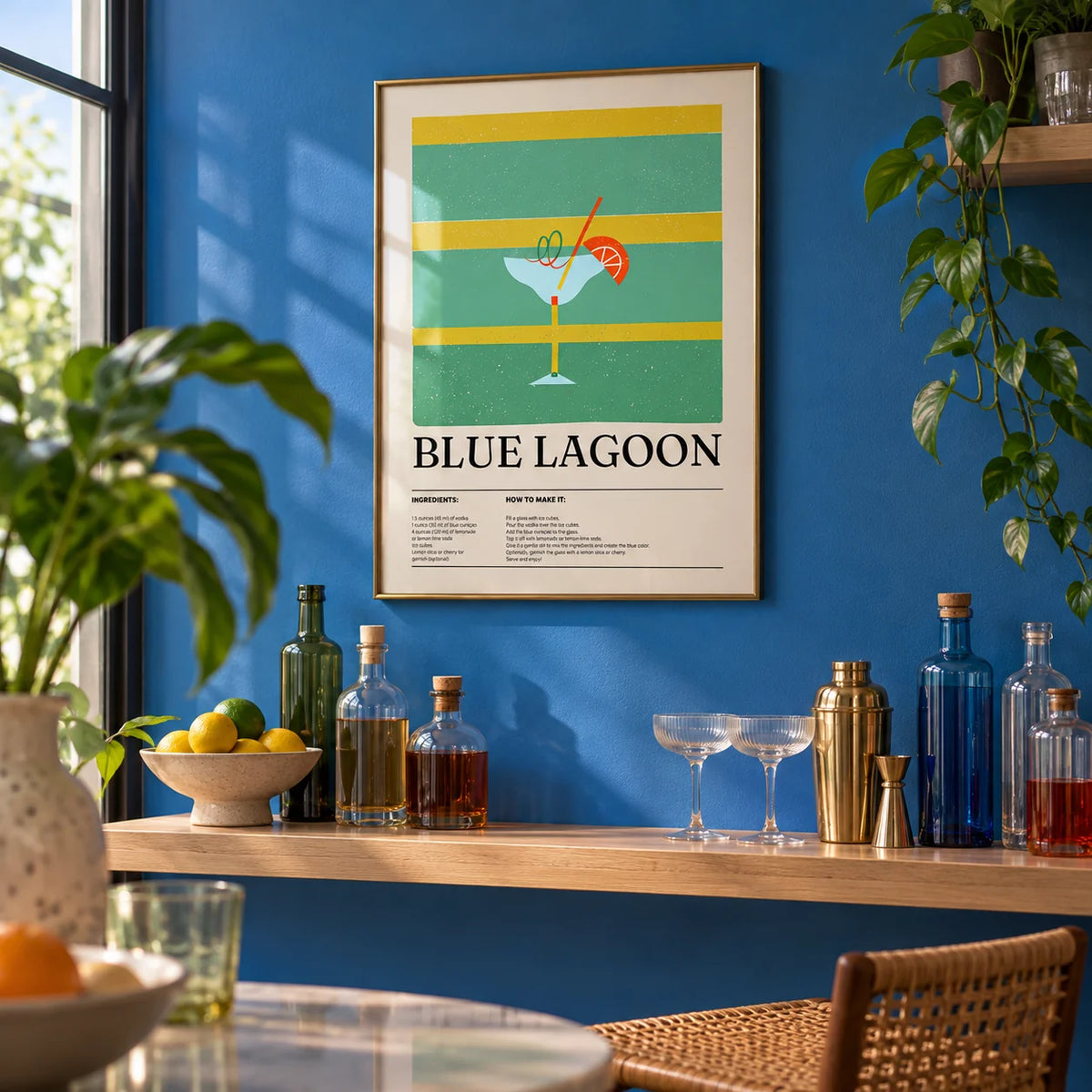 Kitchen Wall Pictures, framed on the wall of a home bar nook with a solid bright blue painted wall in a living room