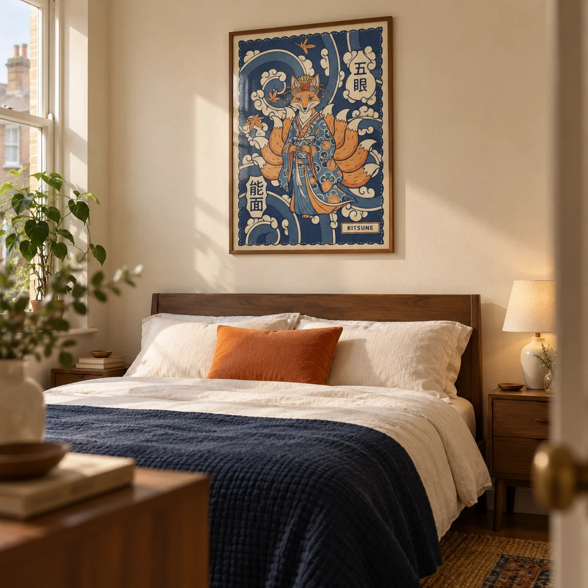 Kitsune Art, framed on the wall of a calm adult bedroom in a UK terrace with warm cream walls and simple walnut bedside furniture