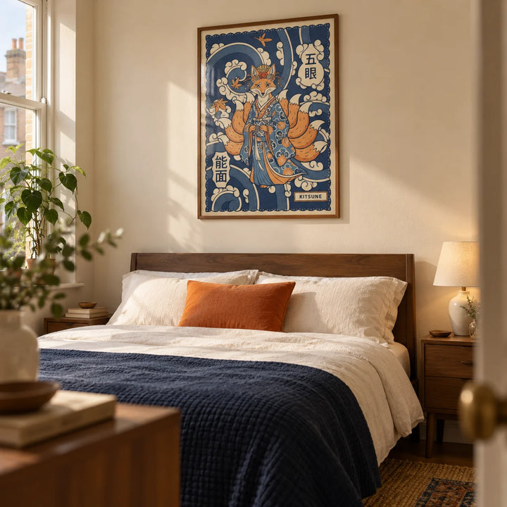 Kitsune Art, framed on the wall of a calm adult bedroom in a UK terrace with warm cream walls and simple walnut bedside furniture