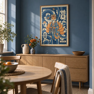 Kitsune Art, framed on the wall of a compact dining room in a modern UK maisonette with a muted blue wall and a pale oak floor