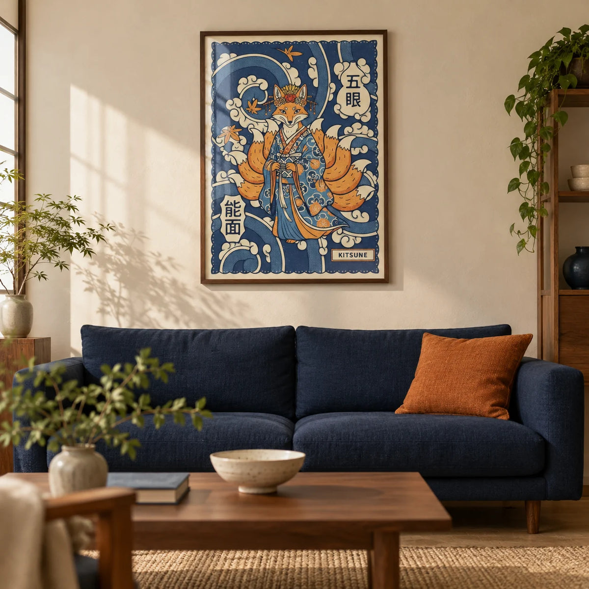 Kitsune Art, framed on the wall of a Japanese-inspired living room in a UK city flat with warm cream plaster walls and an uncluttered oak floor