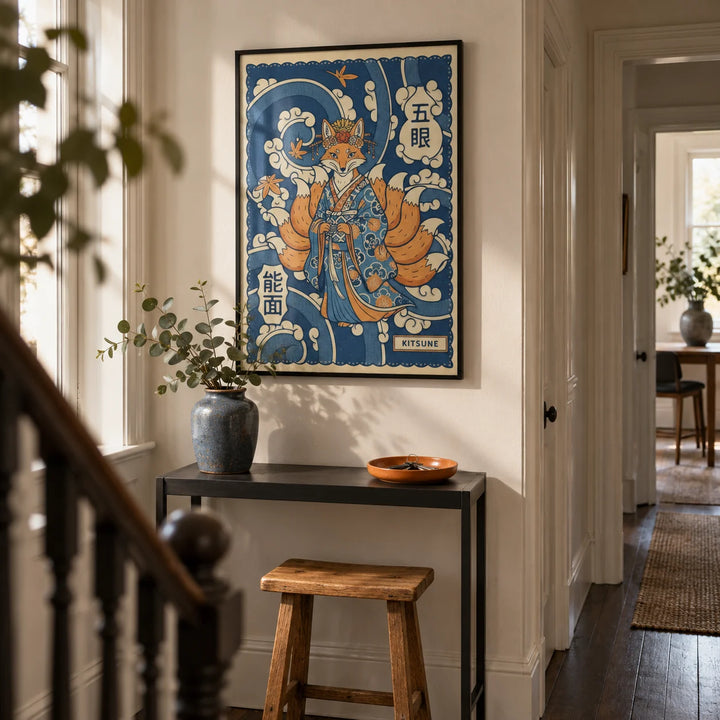 Kitsune Art, framed on the wall of a narrow hallway in a Victorian terrace updated with warm white walls and dark timber floorboards