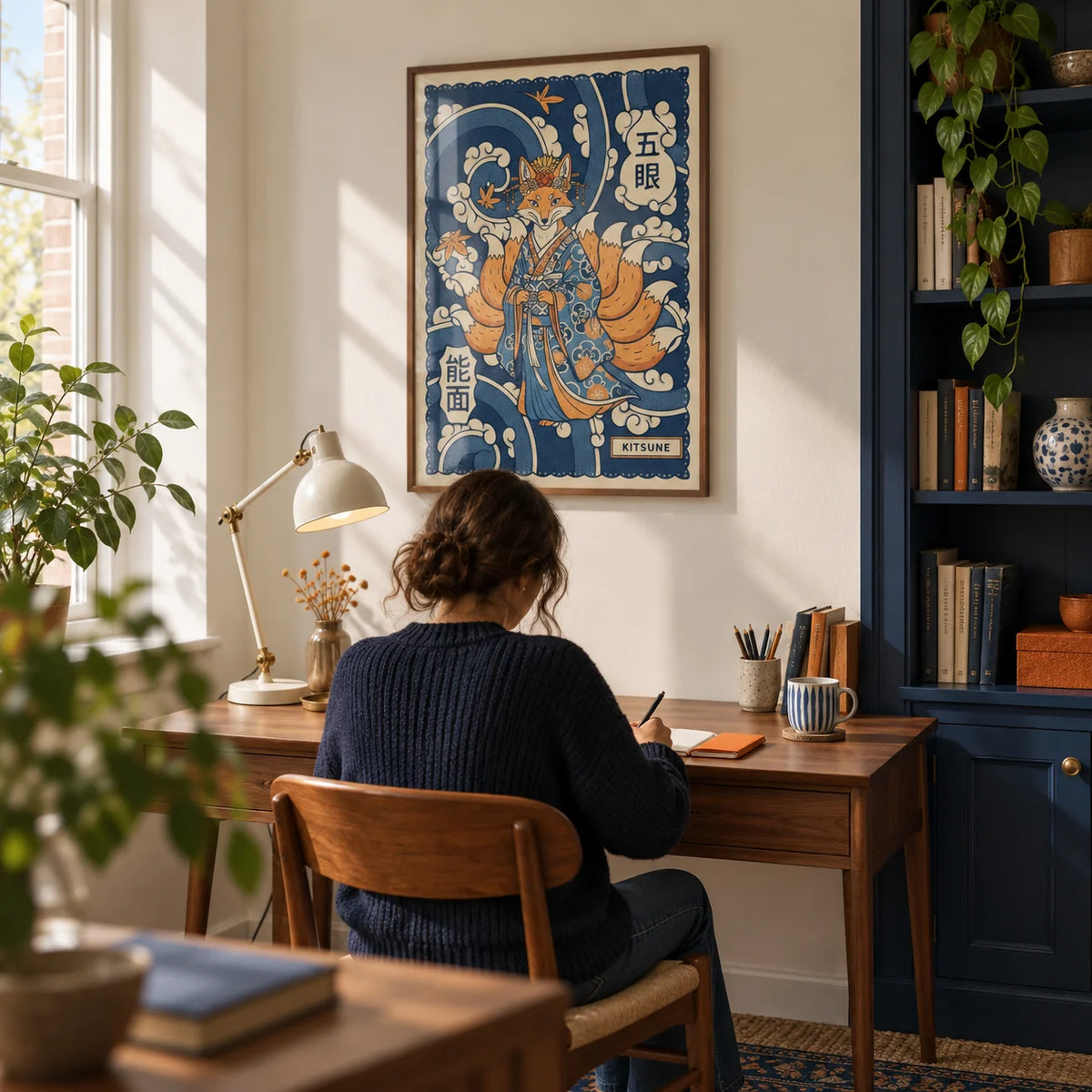 Kitsune Art, framed on the wall of a quiet home study in a UK flat with a cream wall and a built-in navy bookcase to one side