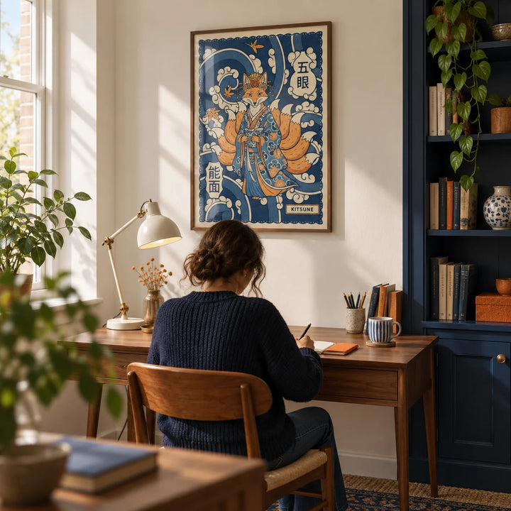 Kitsune Art, framed on the wall of a quiet home study in a UK flat with a cream wall and a built-in navy bookcase to one side
