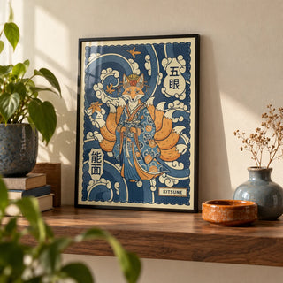 Kitsune Art, a small A4 framed print leaning on a walnut shelf in a living room