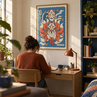 Kitsune Mask Art, framed on the wall of a compact creative study in a first flat for an adult aged 22-28