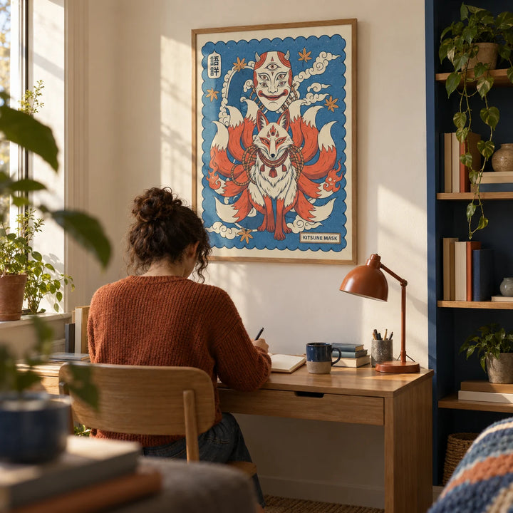 Kitsune Mask Art, framed on the wall of a compact creative study in a first flat for an adult aged 22-28