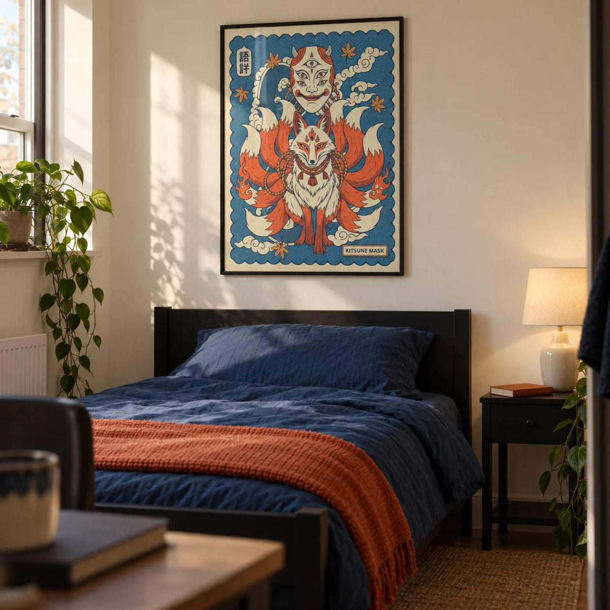 Kitsune Mask Art, framed on the wall of a Japanese illustration enthusiast's single bedroom in a young adult's UK flat
