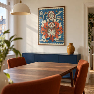 Kitsune Mask Art, framed on the wall of a modern dining room in a UK maisonette with pale cream walls and a simple walnut dining table