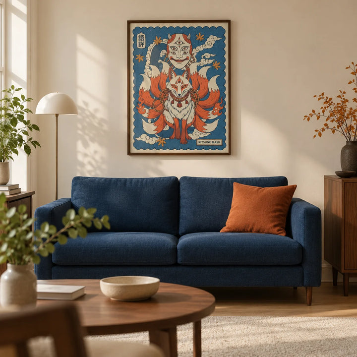 Kitsune Mask Art, framed on the wall of a modern living room in a UK city flat with warm cream plaster walls