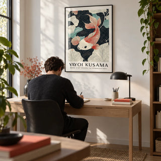 Koi Carp Wall Art, framed on the wall of a calm home study with a white wall