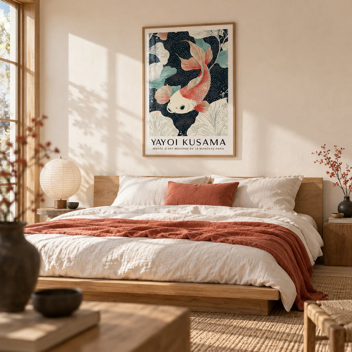 Koi Carp Wall Art, framed on the wall of a calm Japandi bedroom with a soft cream wall