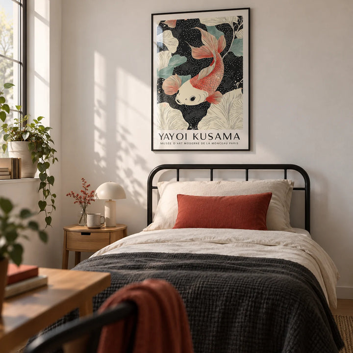 Koi Carp Wall Art, framed on the wall of a calm single bedroom for a young adult (18-25) with a white wall