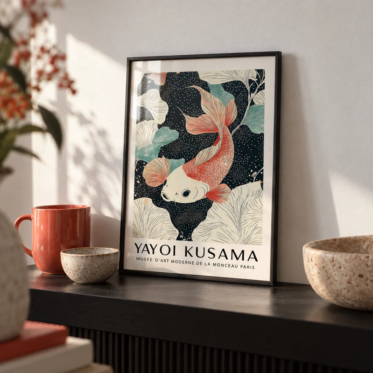Koi Carp Wall Art, a small A4 framed print leaning on a black shelf in a living room