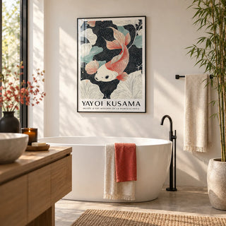 Koi Carp Wall Art, framed on the wall of a spa-like bathroom with a soft white wall and an oak vanity