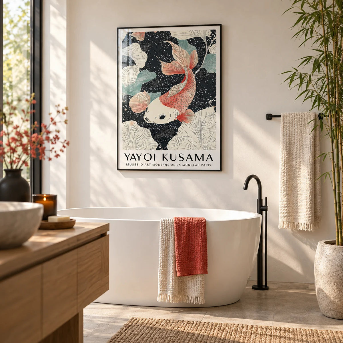 Koi Carp Wall Art, framed on the wall of a spa-like bathroom with a soft white wall and an oak vanity