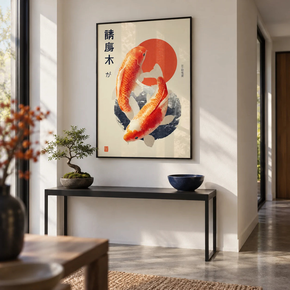 Koi Fish Art Print, framed on the wall of a crisp modern hallway with white walls