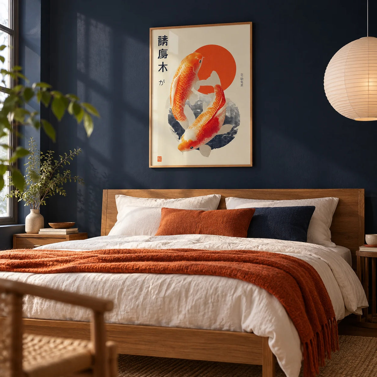 Koi Fish Art Print, framed on the wall of a design-led bedroom with a navy painted wall