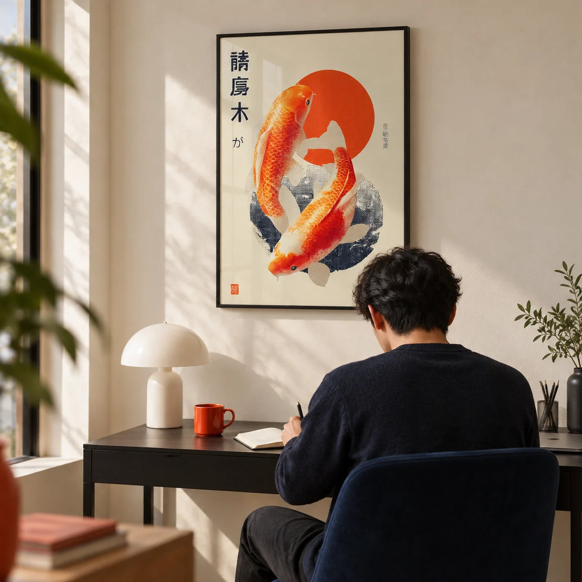 Koi Fish Art Print, framed on the wall of a minimal home office
