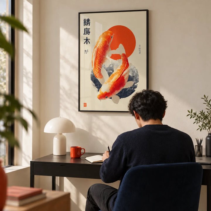 Koi Fish Art Print, framed on the wall of a minimal home office