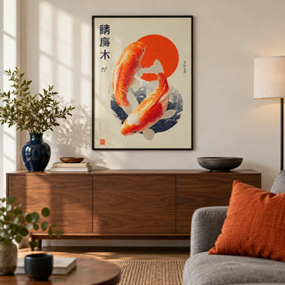 Koi Fish Art Print, framed on the wall of a modern city-flat living room