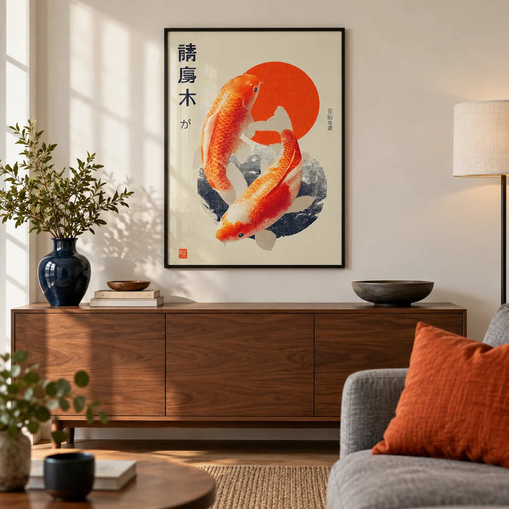 Koi Fish Art Print, framed on the wall of a modern city-flat living room