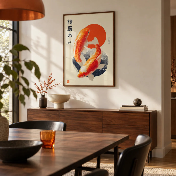 Koi Fish Art Print, framed on the wall of a modern dining room