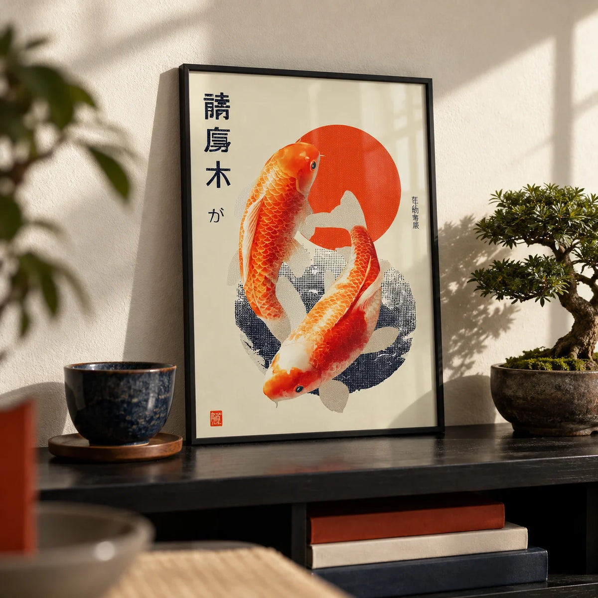 Koi Fish Art Print, a small A4 framed print leaning on a black shelf in a living room